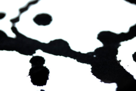 Black Messy Creative Ink Splatters Blots and Blobs  and Inkblot Close Up on White Backgroundの写真素材
