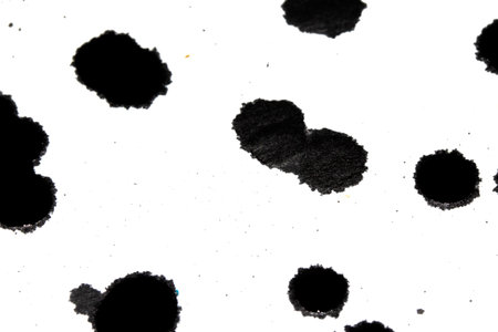 Black Messy Creative Ink Splatters Blots and Blobs  and Inkblot Close Up on White Backgroundの写真素材