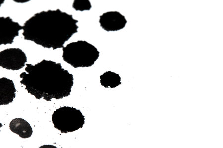 Black Messy Creative Ink Splatters Blots and Blobs  and Inkblot Close Up on White Backgroundの写真素材