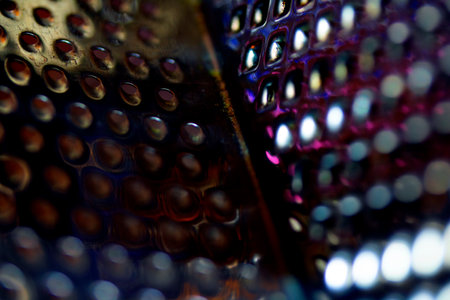 Close Up of a Steel Metal Perferated Hole Background Abstract Futeristic Circlesの写真素材
