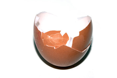 Close Up of a Cracked Peeled Shell Broken Egg on White Backgroundの写真素材