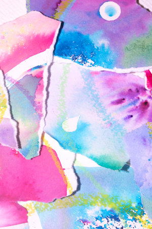 Abstract Watercolor Background Ripped Up and Torn Multicolour Rainbow Fragment of artwork.の写真素材