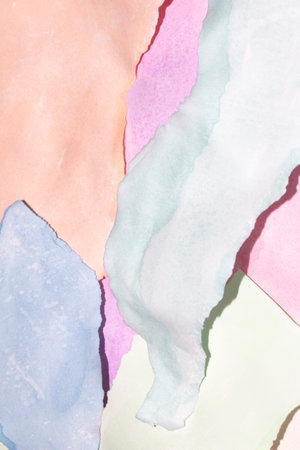 Pastel Rainbow Colour Ripped Torm Paper Background Painted with Watersolou Abstractの写真素材