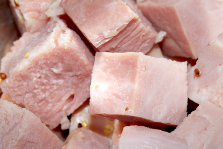 CLose Up of Gammon Ham Cubes Chunks Meat