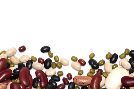 A Close Up of Dried Mixed Beans and Pulses on a White Backgroundの写真素材
