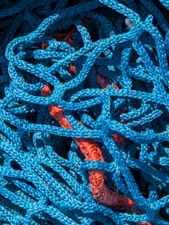 Close up of industrial blue construction rope thick and abstract