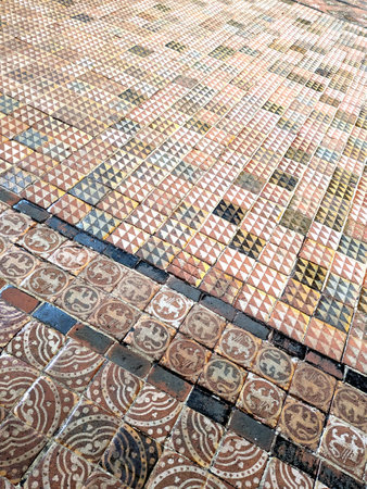 Old Medieval Church Flooring  Stones Creating a Brick Pavement Floorの写真素材