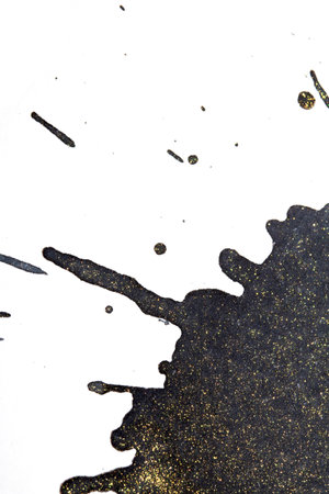 Acrylic Black  Glitter Ink Paint Splatters, Blobs and spots on white Background