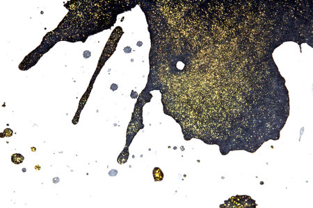 Acrylic Black  Glitter Ink Paint Splatters, Blobs and spots on white Backgroundの写真素材