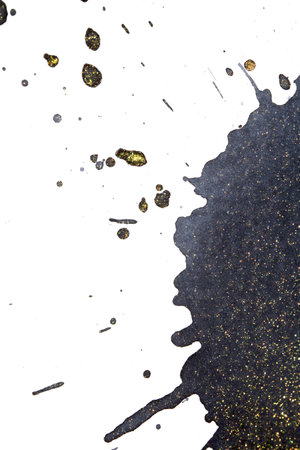 Acrylic Black  Glitter Ink Paint Splatters, Blobs and spots on white Background