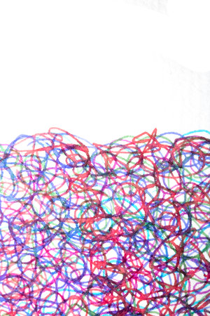 Coloured ink pen scribbled wavy messy tengled lines on white backgroundの写真素材