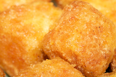 Close up of Square Cooked Crispy Fried Battered Tofu Soy