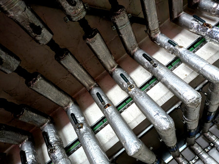 Industrial Metal Pipes on the Walls in a Car Park Building