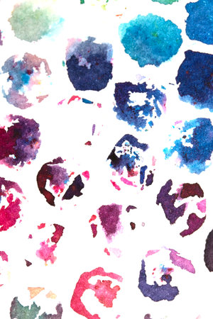 Vibrant Explosion of Multicolour Rainbow Watercolour Paint Splatters and Circles Spots on White...