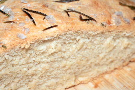 Close up of home made focaccia bread ready baked in the oven with rosemary