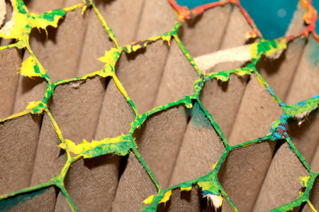 Close up of packing cardboard that has been used with paint to make an abstract background reusedの写真素材