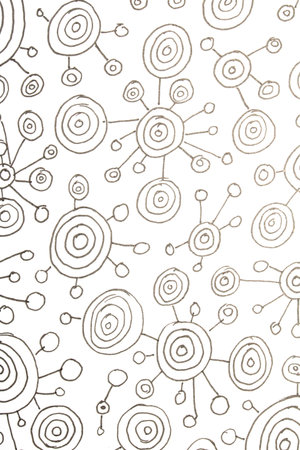 Close up of hand drawn doodle pen circle spirals and spots and dots on white background
