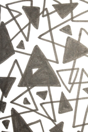 Close up of hand drawn doodle pen triangle square black lines and waves on white backgroundの写真素材