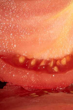 Abstract Tomato Slice Cut in half showing seeds on White Backgroundの写真素材