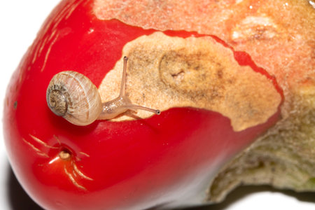 Snail eating a rotten damaged chilli pepper vegetable ruined foodの写真素材