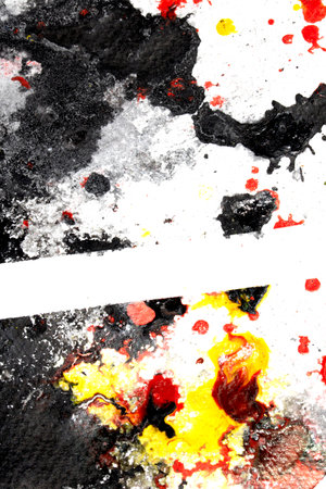 Thick Black Ink Paint Splatter and Lines in Black Red Yellow White Expressiveの写真素材