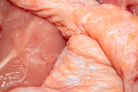 Close up of meat carcass tendons and bones from a chicken that has been carved red background food wasteの写真素材