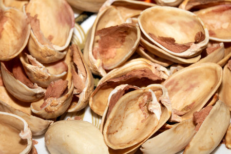 Close up of empty pistachio shells nuts