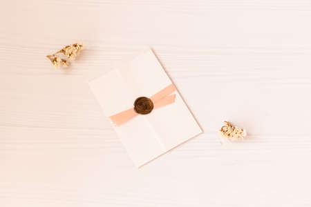 Gift certificate with bow (ribbons). Design for voucher, coupon, invitation, New Year card for any celebration (birthday, mother's day)の写真素材