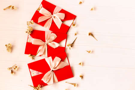 Gift certificate with bow (ribbons). Design for voucher, coupon, invitation, New Year card for any celebration (birthday, mother's day)の写真素材