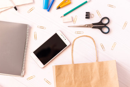 distance learning layout, interactive learning, distance learning concept, tablet and school supplies, distance learning, top view, flat lay.の写真素材