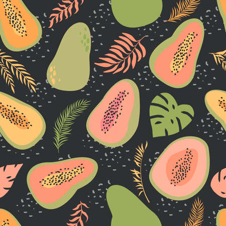 Cute, colorful tropical papaya fruit seamless vector pattern on dark background. Hand-drawn papaya. Pink, green, and golden leaves and fruits.のイラスト素材