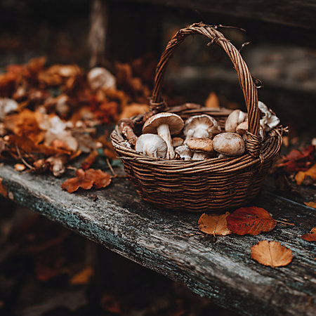 basket mushrooms rustic wooden bench. High quality photoの写真素材