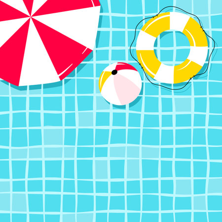 Banner of swimming pool background with swim ring and a ball in the pool and the umbrella for artwork design about summer.のイラスト素材