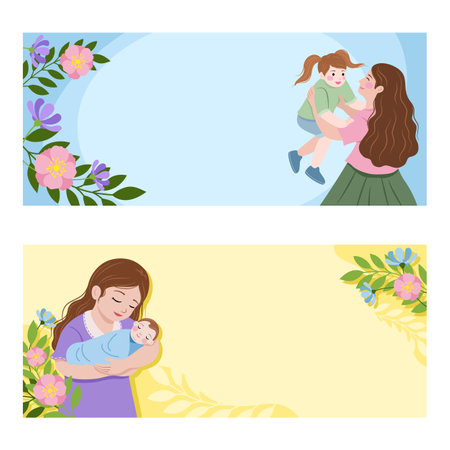 Horizontal banner of mother and child with flowers background in 2 designs, mom with daughter and mom with baby, for artwork design about mom concept or Motherâs Day.のイラスト素材