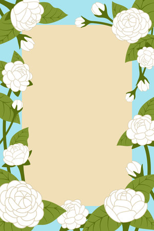 Jasmine frame design with blue and beige color background for artwork of greeting card, invitation, poster, banner and Motherâs Day concept.のイラスト素材