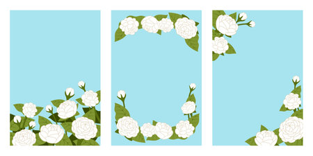 Set of Jasmine banner design with blue background in 3 different layouts for artwork of greeting card, invitation, poster, banner and Motherâs Day concept.のイラスト素材