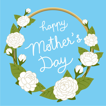 Jasmine wreath on blue background with handwriting word of happy Motherâs Day in the center for artwork design of banner, poster and card.のイラスト素材