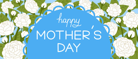 Horizontal banner of jasmine background design and happy Motherâs Day wording, semi circle frame with lace design in the center.のイラスト素材