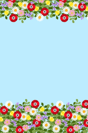 Colorful floral frame on blue background banner, vector for design poster, card and artwork decoration.のイラスト素材