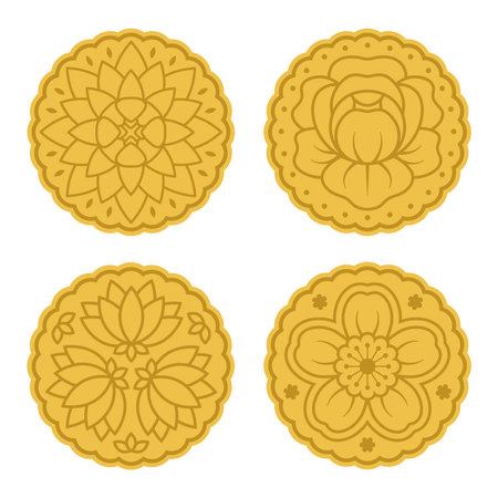 Vector of Mooncake in flower pattern design for Chinese Mid-Autumn festival. Set of flowers pattern; lotus, peony and plum blossom.のイラスト素材