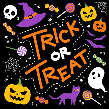 Happy Halloween trick or treat banner with cute elements on black background, pumpkins, ghost, sweets, spider web, skull, cat, witch hat, bats and lettering design at the center.のイラスト素材