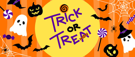 Happy Halloween trick or treat banner, lettering design at the center, decorate with sweets, pumpkins, cute ghosts, bats, spider web, witch hat and orange color background.のイラスト素材