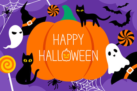 Happy Halloween banner with big pumpkin at the center, decorate with cute ghosts, black cats, spider web, sweet candy and witch hats on purple background.のイラスト素材