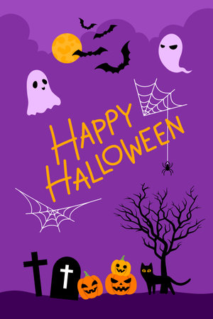 Happy Halloween banner decorate with spider web and cute elements, pumpkins, black cat, dead tree, grave, ghosts, bats and full moon on purple background.のイラスト素材