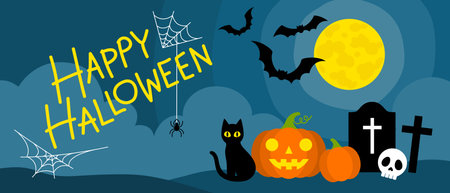 Happy Halloween banner in dark blue night background, lettering design, decorate with spider web, full moon, bats, pumpkins, black cat, grave and skull.のイラスト素材