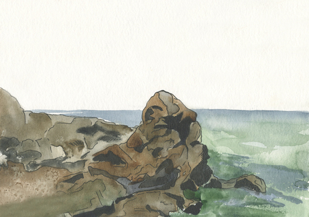 large brown stones on the blue sea, watercolor, Sunny day, summer, recreation, landscapeの写真素材