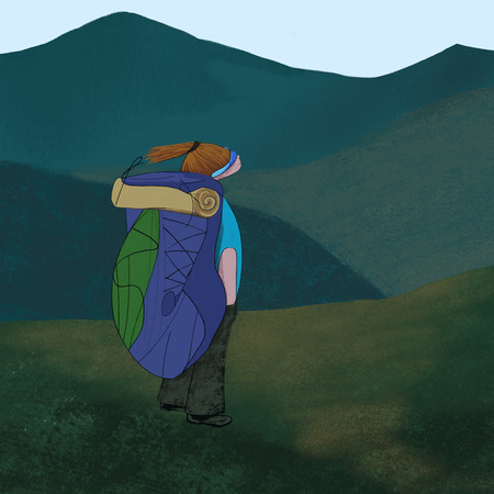 tourist with backpack looking at the mountainの写真素材
