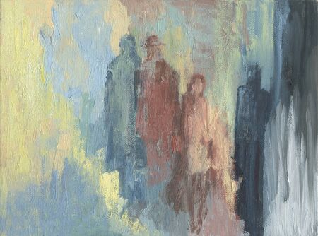 Silhouettes and shadows of people on the street. Crowd walking down on sidewalk, concept of strangers, crime, society, epidemic, populationの写真素材