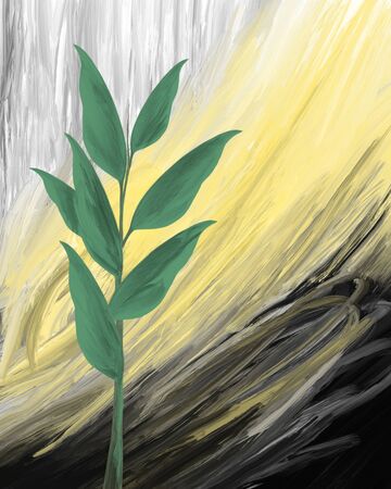 green branch on an abstract yellow backgroundの写真素材