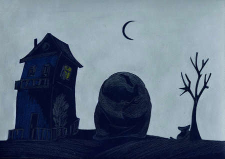 monster sits at the house in the night under the crescentの写真素材
